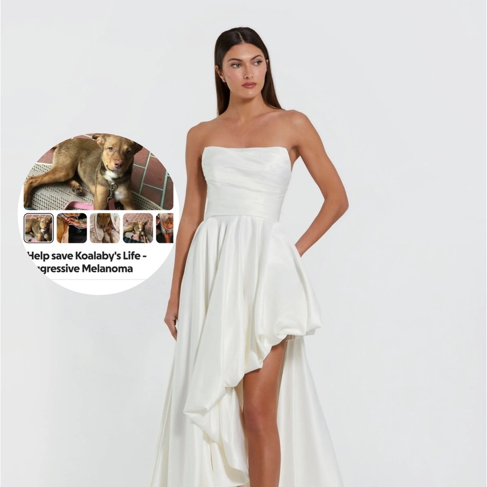 Mac Duggal White Strapless Ruched High Low Gown